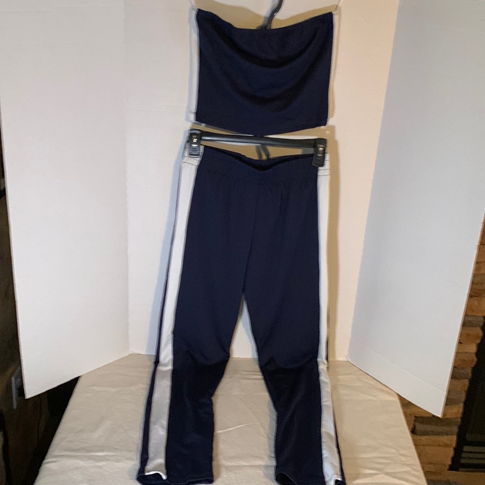 NWT:Juniors Size Medium Set Tube Top & Pants Navy & Cream Side Stripe by Capella